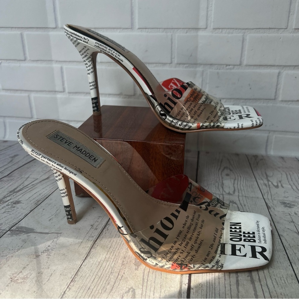 Vintage Steve Madden Y2K Size 10 Newspaper News Print Heels Clear Slide Shoes - Picture 4 of 16